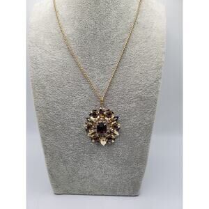 Vintage Gold Tone Rhinestone Flower Pendant Necklace Purple Glass